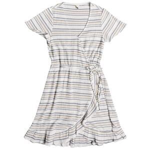 ROXY Sun Dreamer Season Wrap Dress Women’s Size M Blue Cream Striped Ruffle